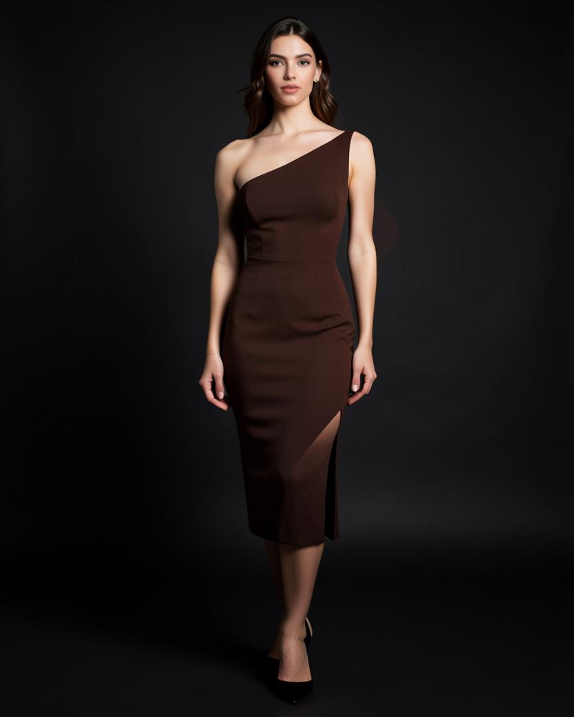 Slanted Shoulder Slit Midi Bodycon Dress in Espresso