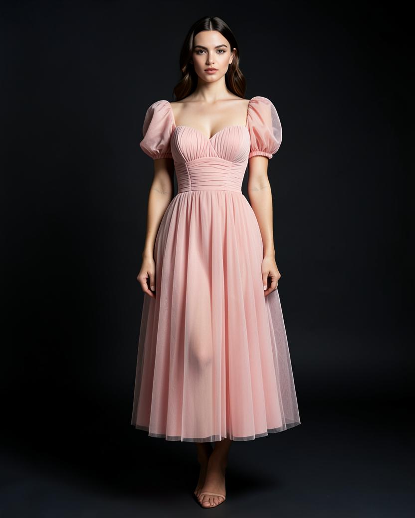 Elegant Puff Sleeve Tulle Midi Dress in Blush