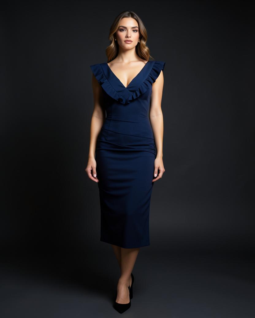 V-Neck Ruffle Trim Midi Bandage Dress in Midnight Navy