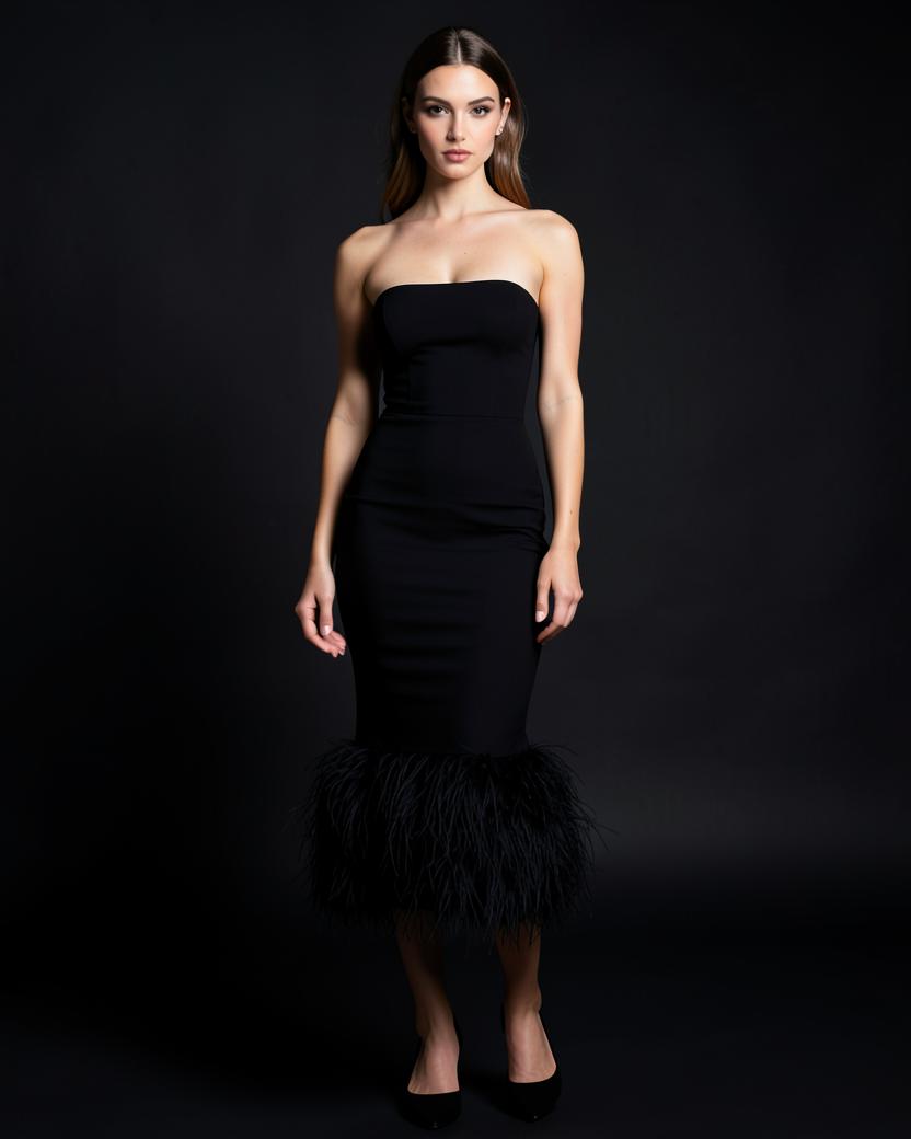 Strapless Feather Midi Bandage Dress in Black