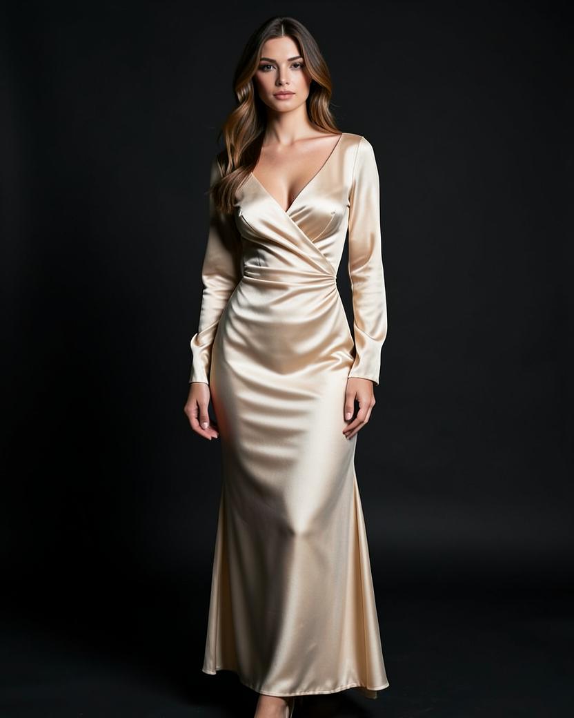 V Neck Long Sleeve Satin Gown in Champagne