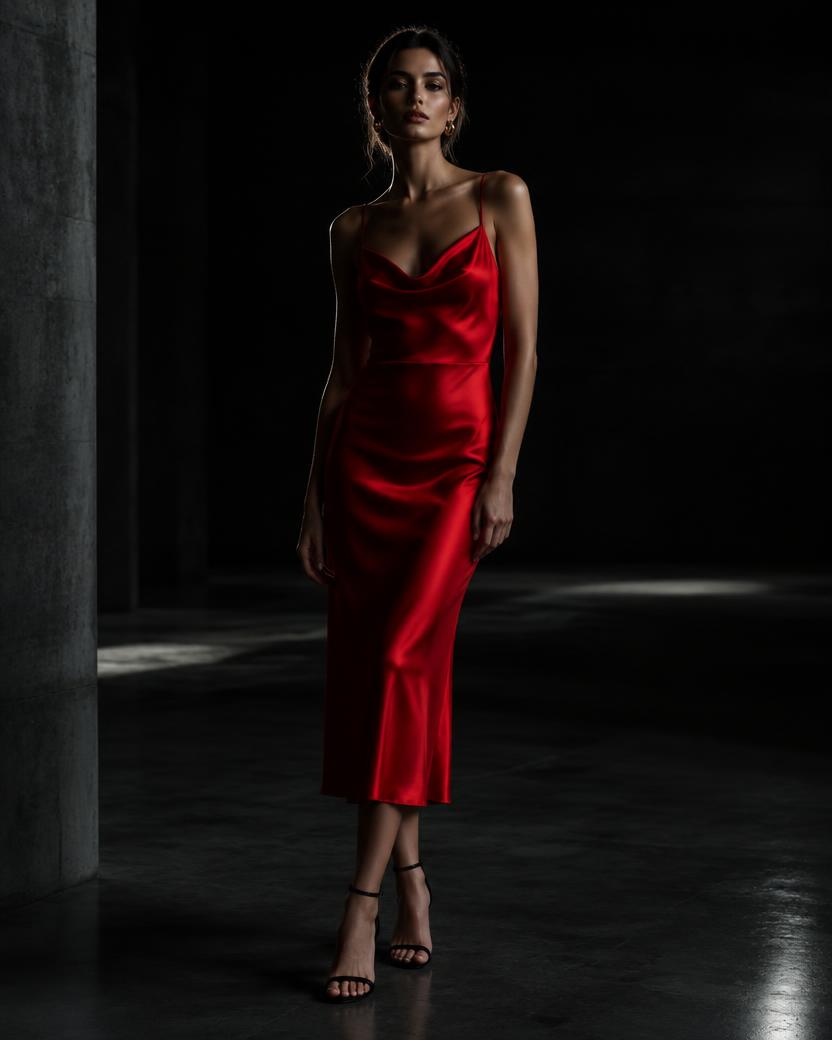Scarlet Cowl Neck Silk Slip Dress in Scarlet