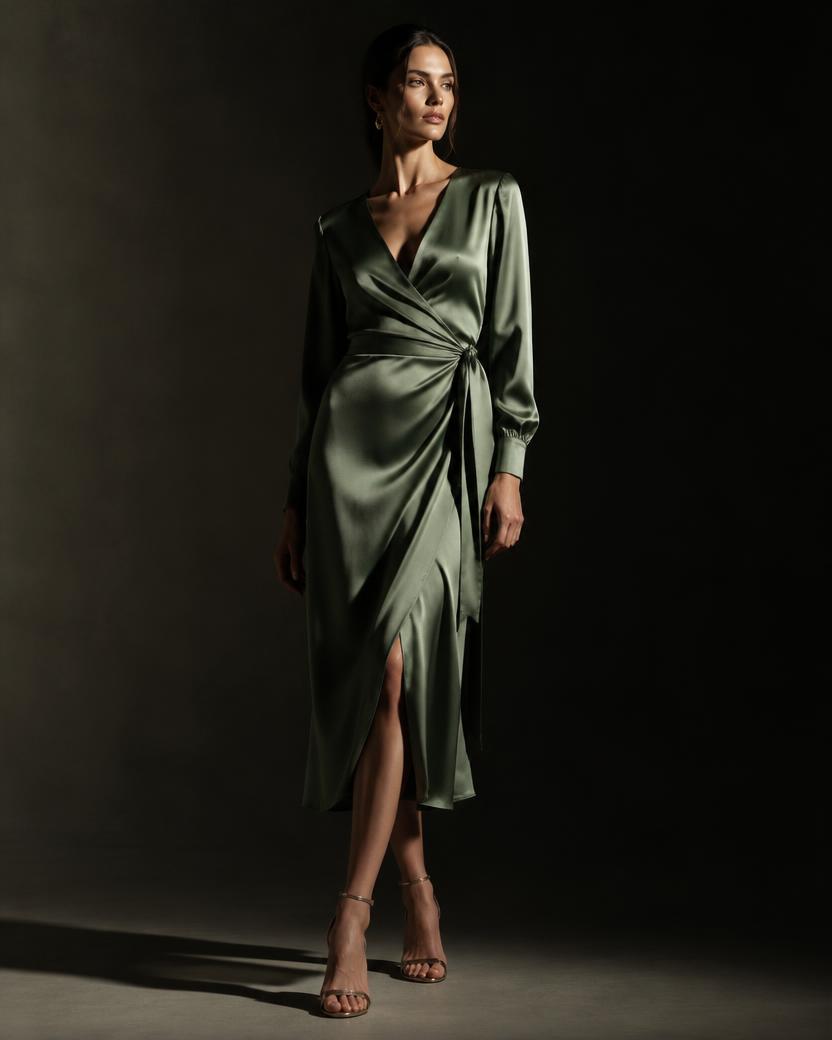Sage Satin Wrap Midi Dress in Sage