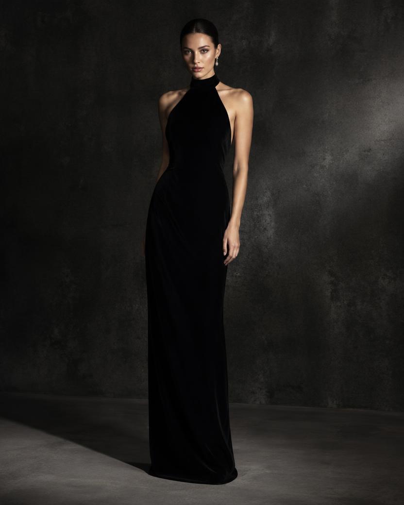Velvet Halter Column Gown in Black
