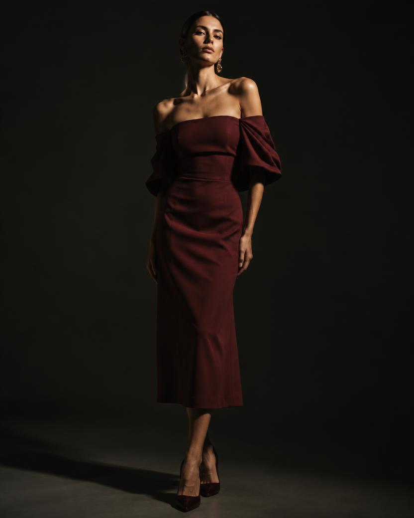 Off Shoulder Draped Crepe Midi in Burgundy