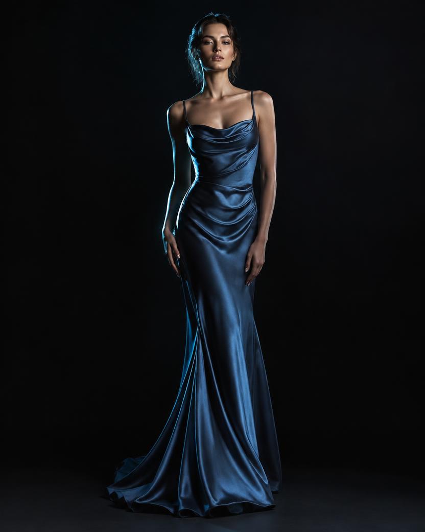 Steel Blue Satin Cowl Gown in Steel Blue