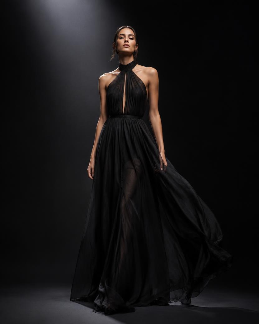 Chiffon Halter Keyhole Maxi in Black