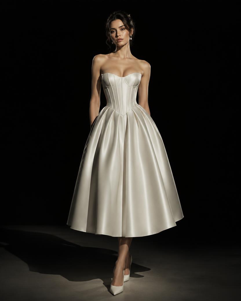 Ivory Satin Corset Midi Dress in Ivory