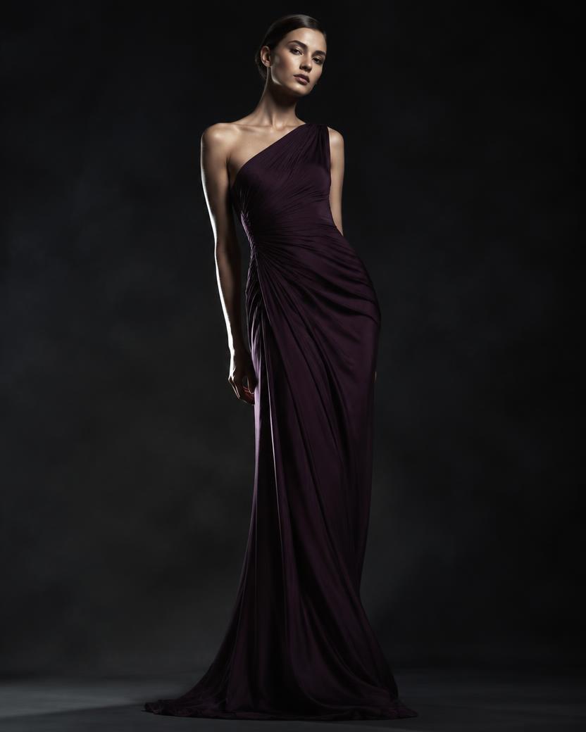 Plum One Shoulder Draped Gown in Plum