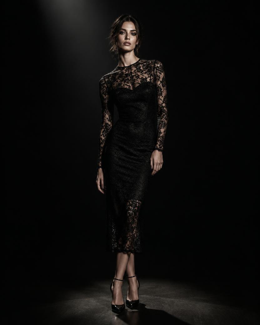 Lace Long Sleeve Midi Dress in Black