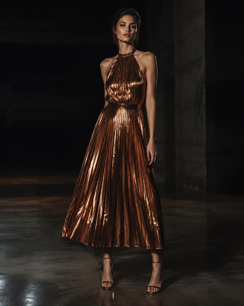 Copper Pleated Halter Midi in Copper