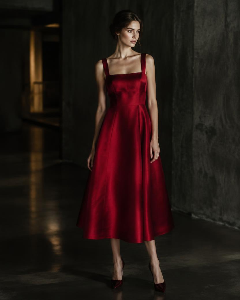 Ruby Satin Square Neck Midi in Ruby