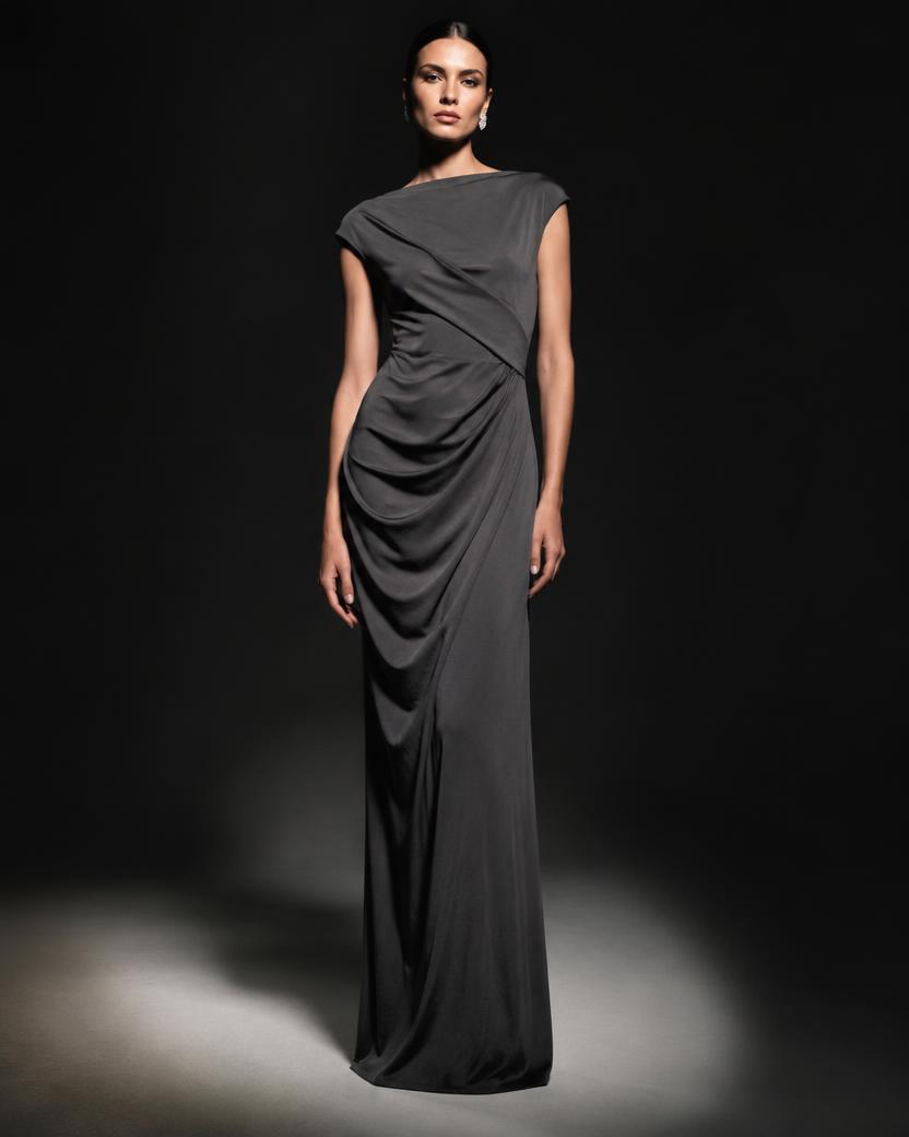 Charcoal Draped Cap Sleeve Gown in Charcoal