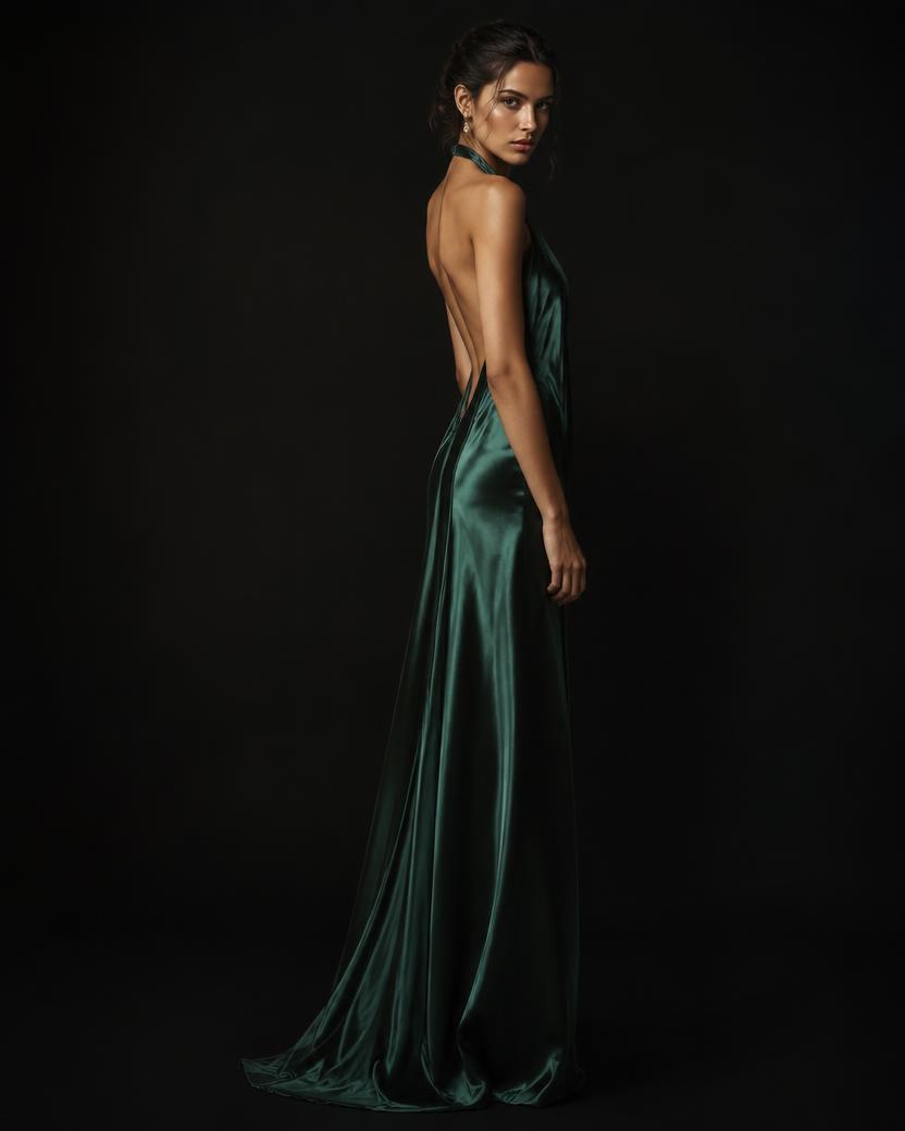 Forest Silk Open Back Halter Gown in Forest Green