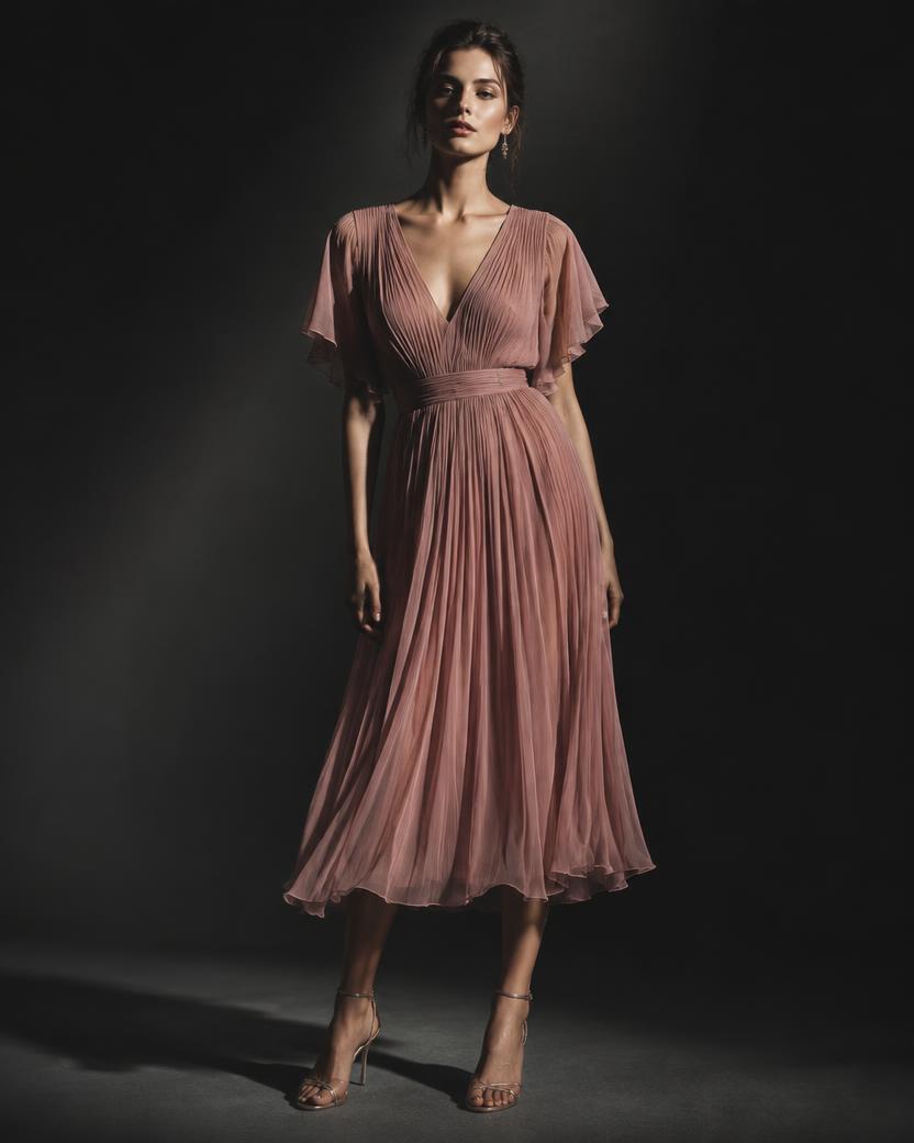Dusty Rose Pleated Chiffon Midi in Dusty Rose