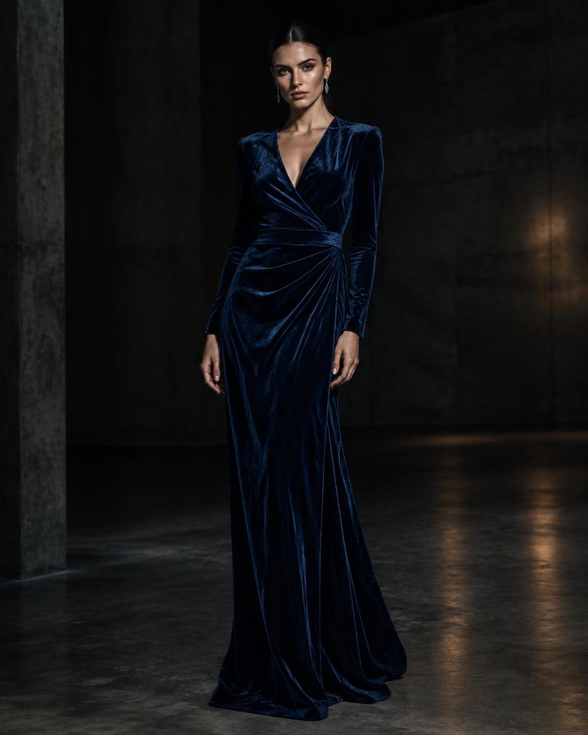 Navy Velvet Wrap Gown in Midnight Navy