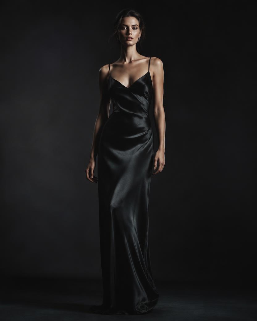 Black Satin Slip Gown in Black