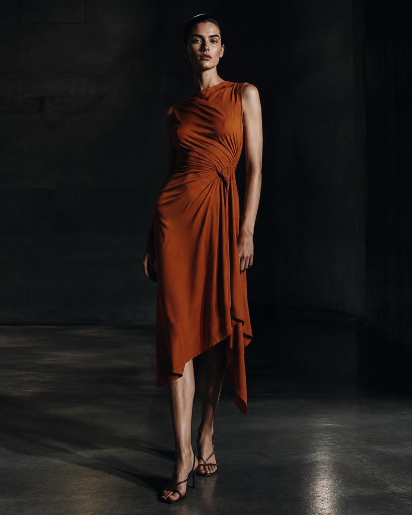 Terracotta Asymmetric Jersey Midi in Terracotta