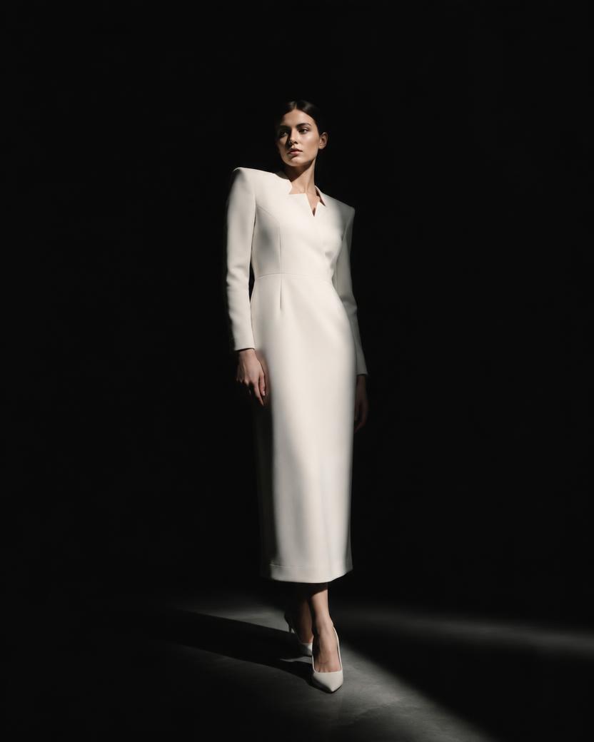 Ivory Tailored Crepe Midi in Ivory