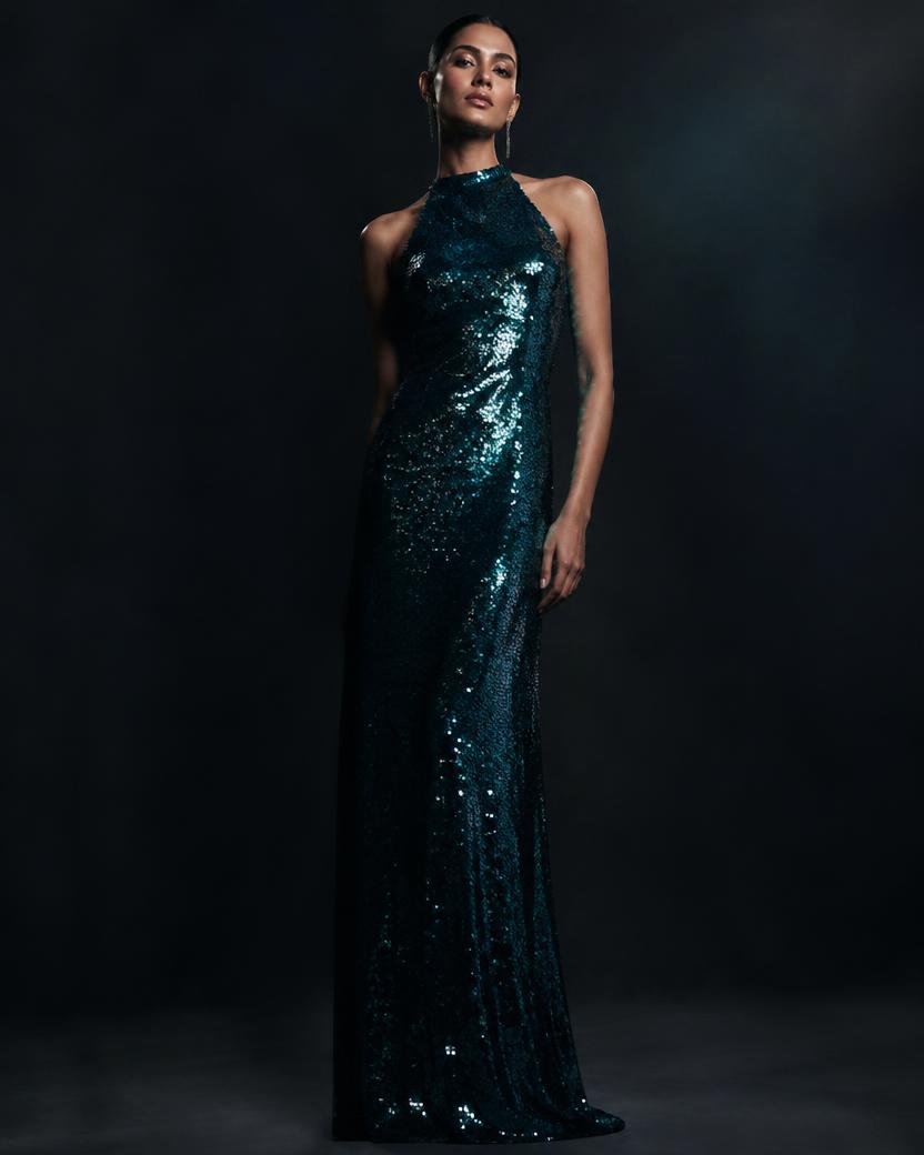 Teal Sequin Halter Column Gown in Teal