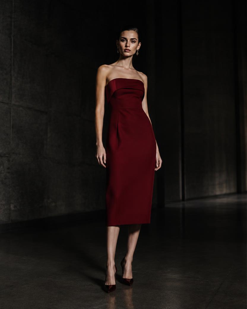 Garnet Folded Strapless Midi in Garnet