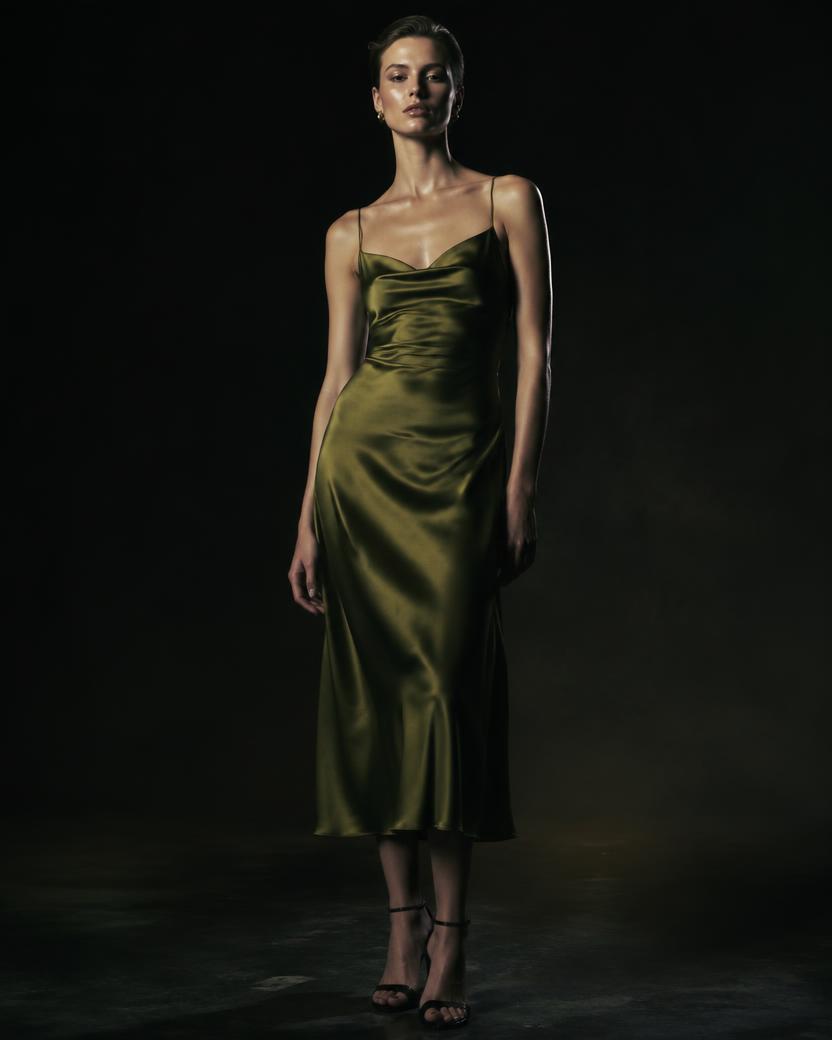 Olive Satin Cowl Slip Midi in Olive