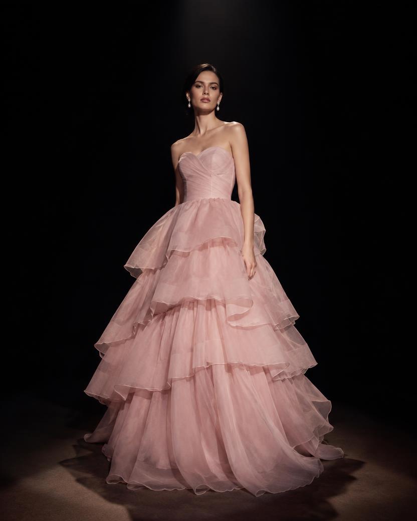 Blush Tiered Organza Gown in Blush