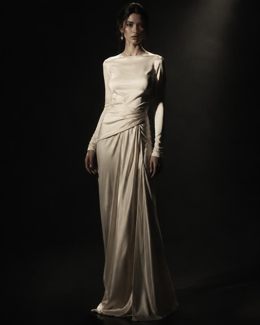 Cream Silk Draped Long Sleeve Gown in Cream