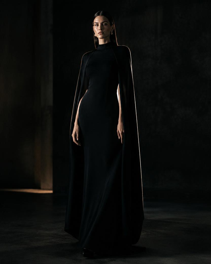 Black Cape Sleeve Column Gown in Black