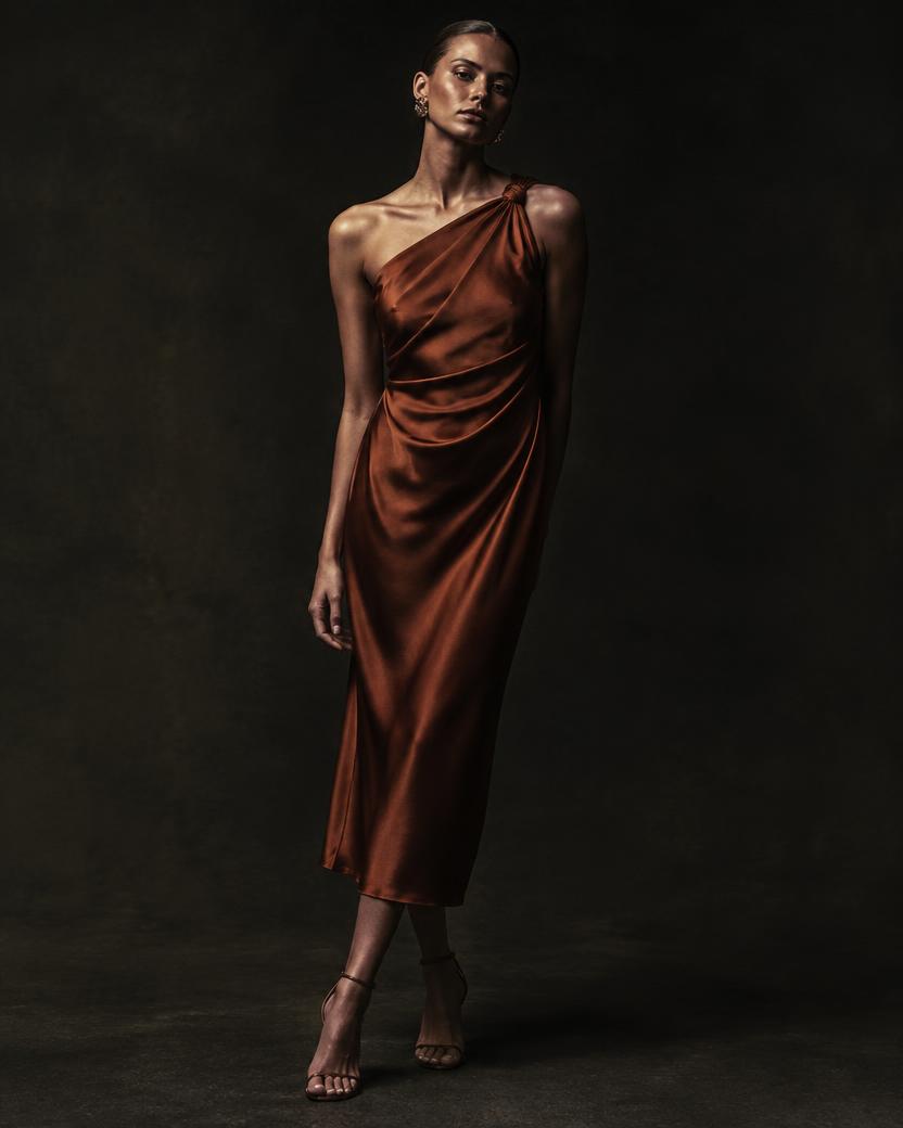 Sienna Twist One Shoulder Midi in Sienna