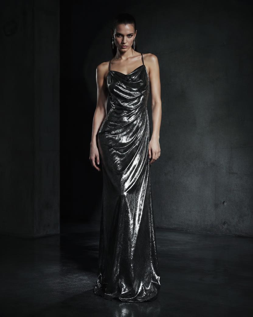 Gunmetal Lamé Draped Gown in Gunmetal