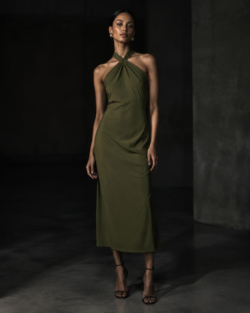 Olive Twist Halter Midi in Olive