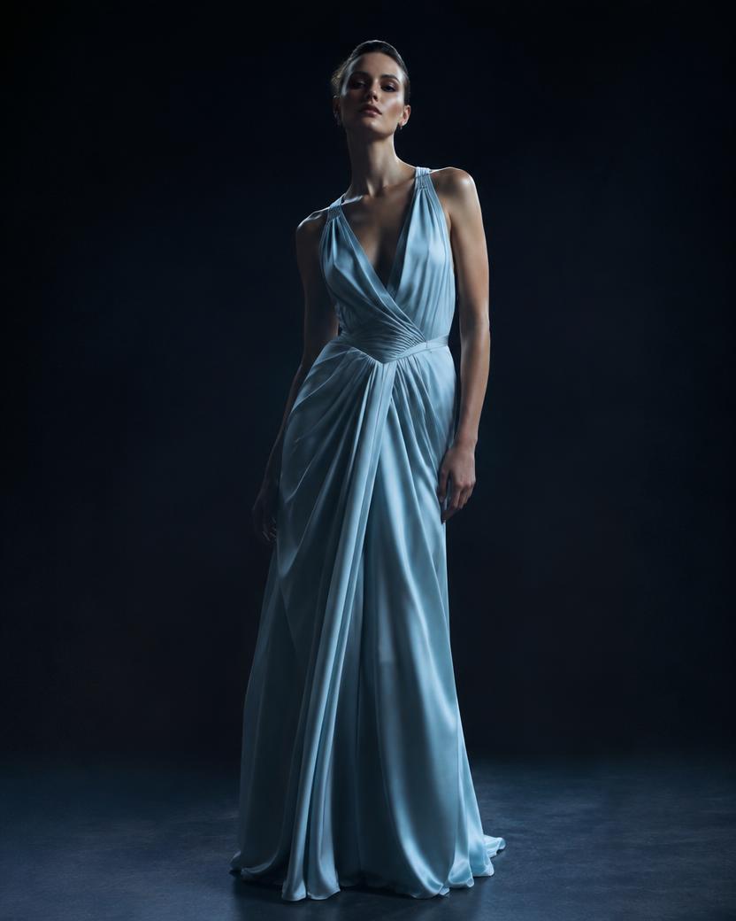 Powder Blue Draped Silk Gown in Powder Blue