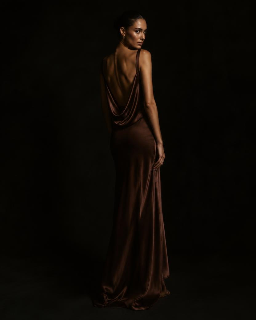 Chocolate Satin Cowl Back Gown in Chocolate