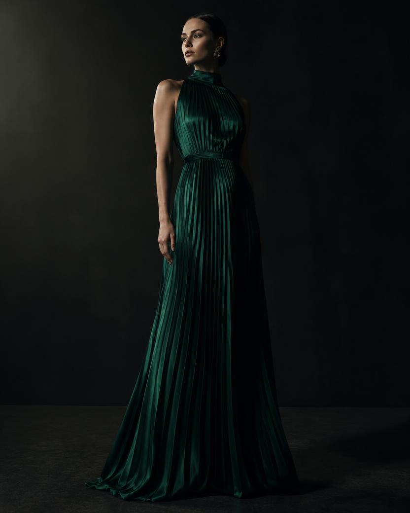 Jade Pleated Satin Halter Maxi in Jade