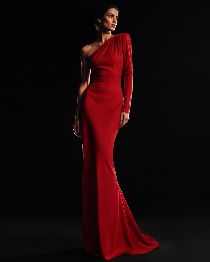 Scarlet One Sleeve Crepe Gown in Scarlet