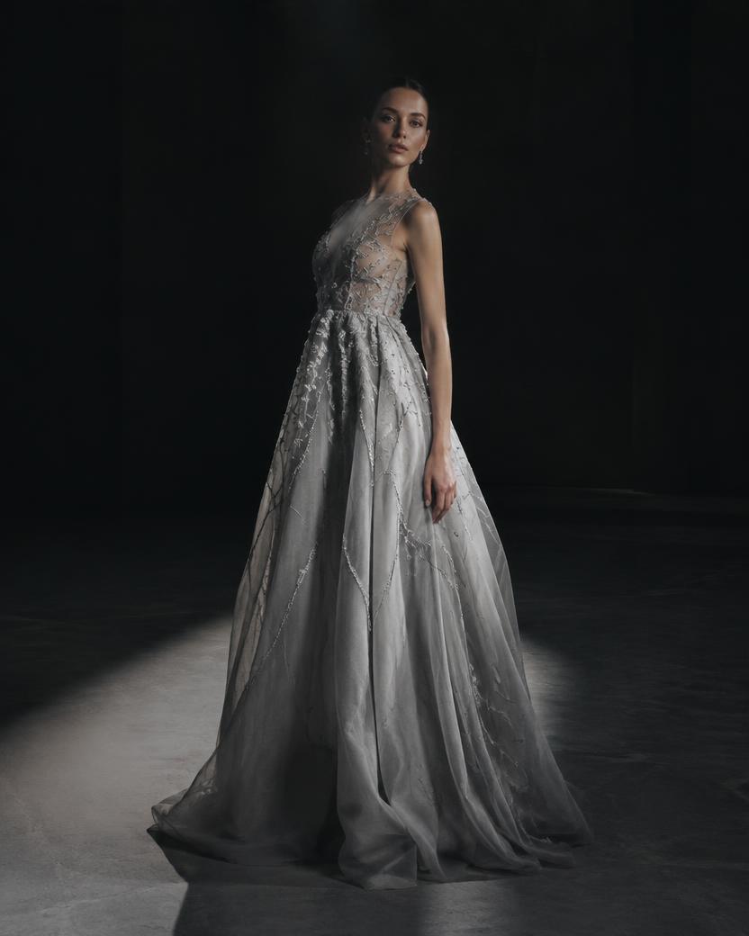 Pearl Embroidered Organza Gown in Pearl Grey