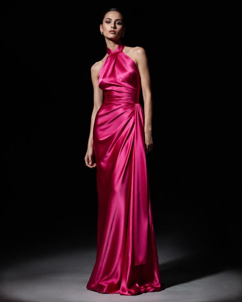 Fuchsia Satin Halter Gown in Fuchsia