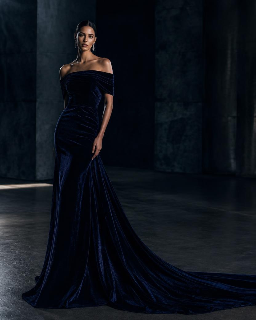 Navy Velvet Off Shoulder Train Gown in Midnight Navy