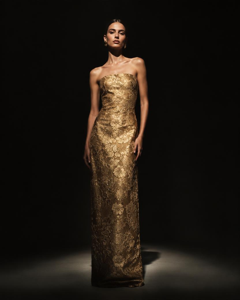 Gold Brocade Strapless Column Gown in Gold