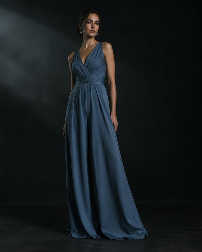 Slate Draped Jumpsuit Gown in Slate Blue