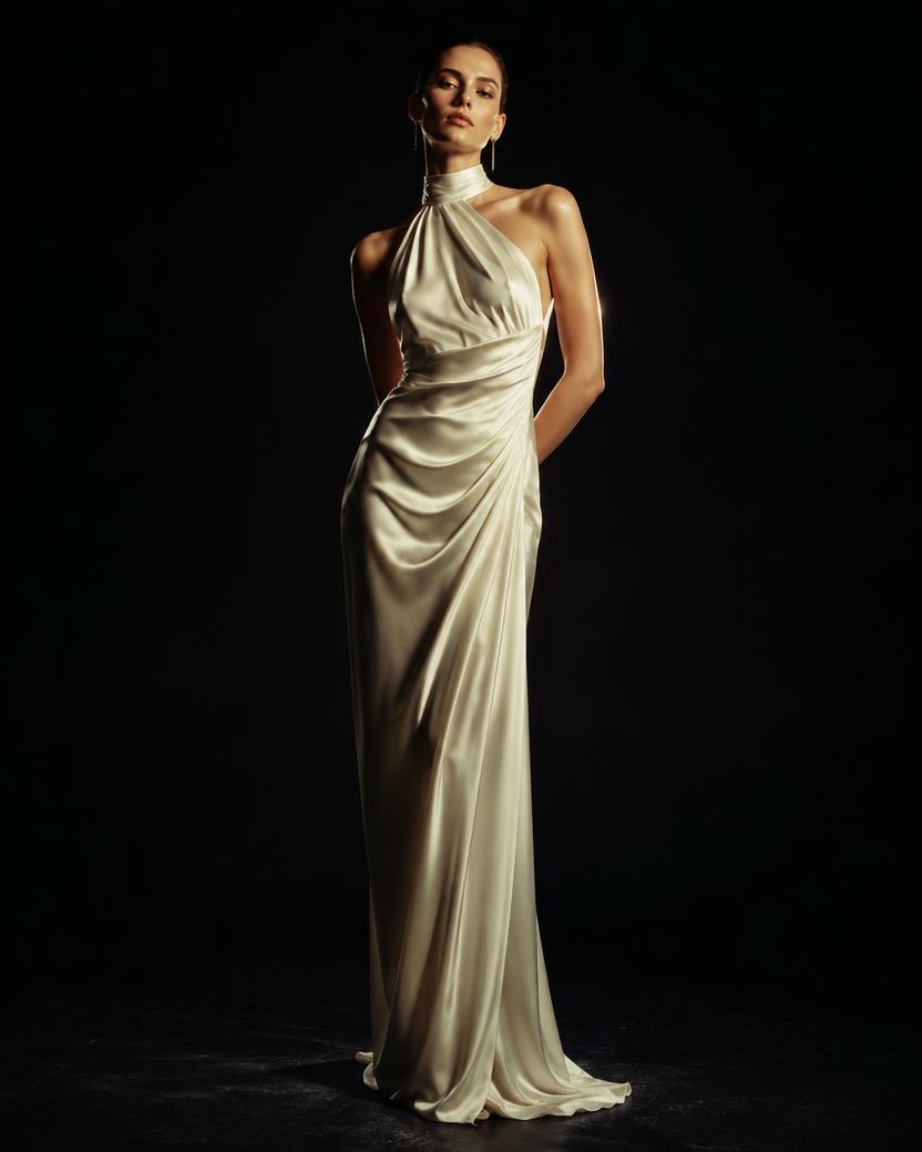 Ivory Silk Halter Draped Gown in Ivory