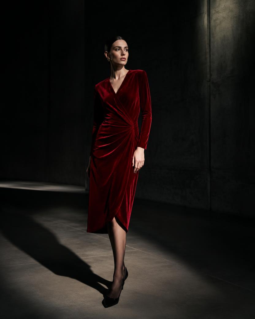 Crimson Velvet Wrap Midi in Crimson