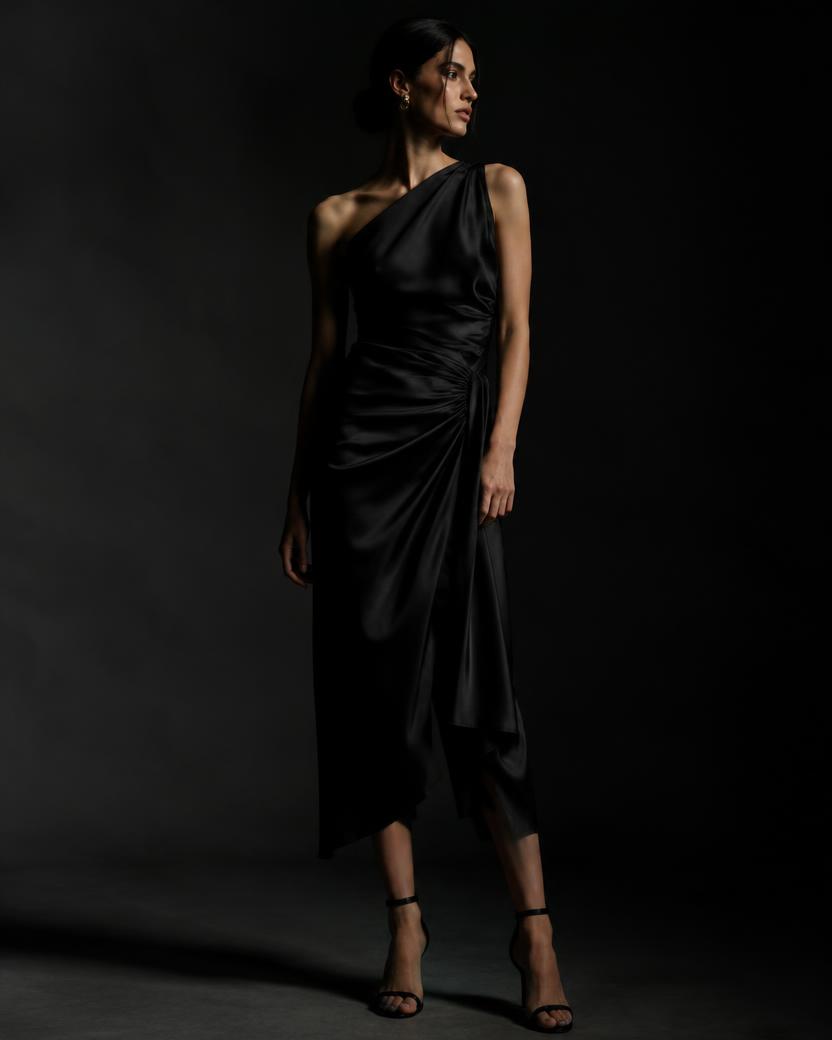 Black Satin One Shoulder Draped Midi in Black