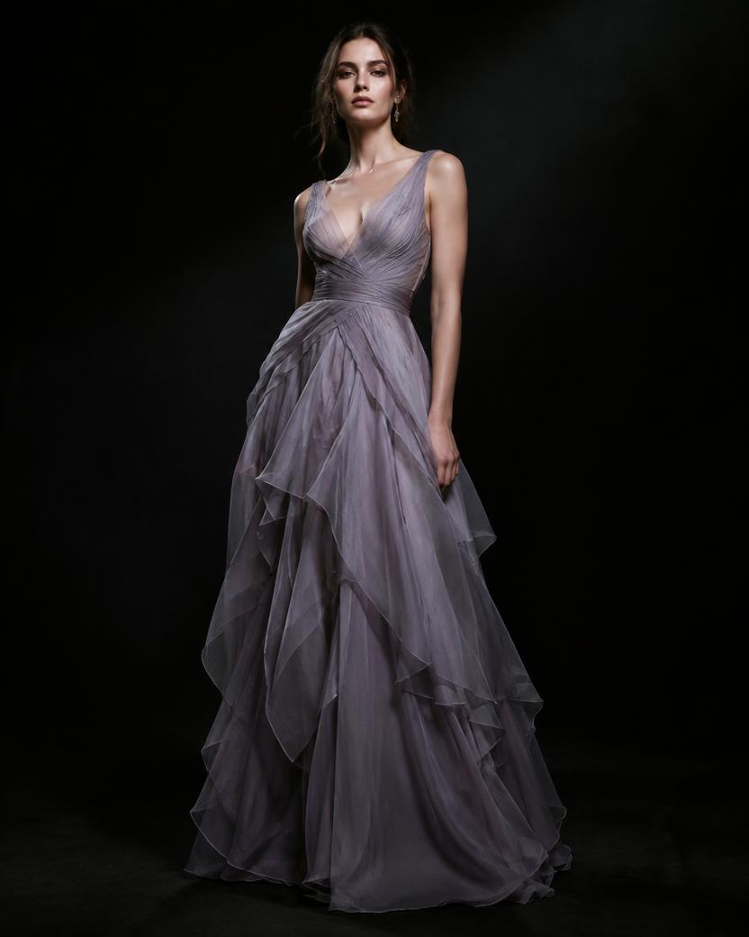 Lavender Layered Chiffon Gown in Lavender