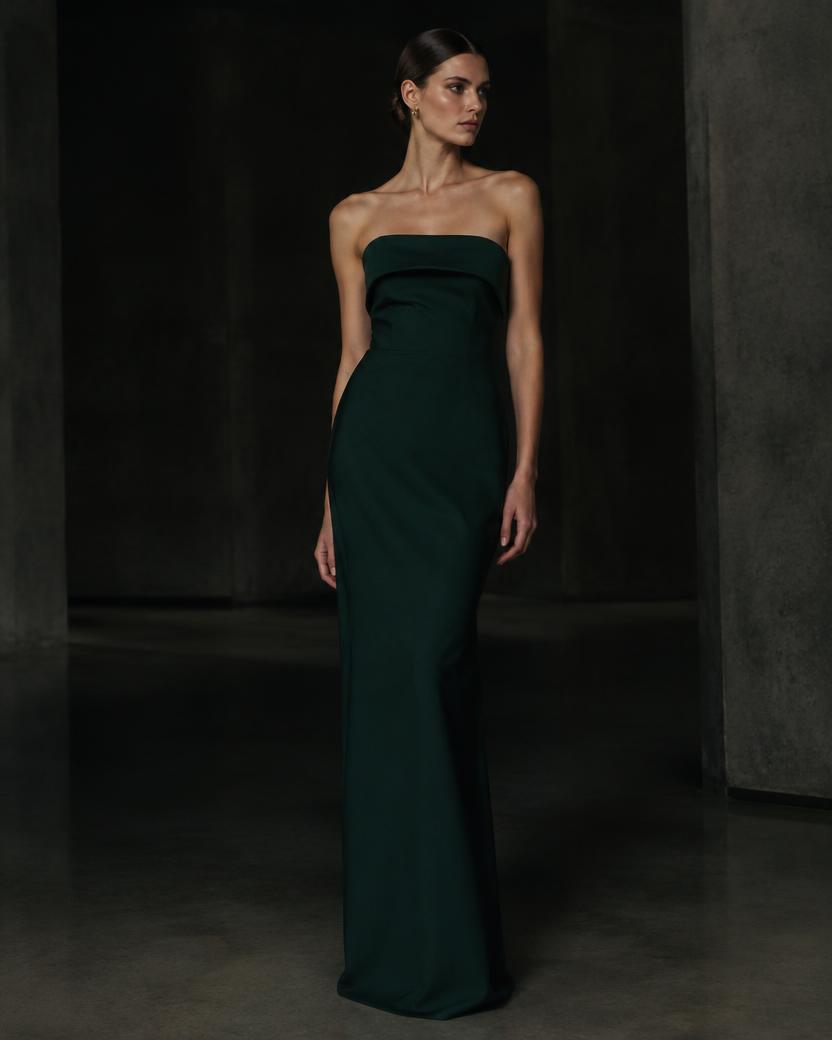 Hunter Green Folded Strapless Gown in Hunter Green