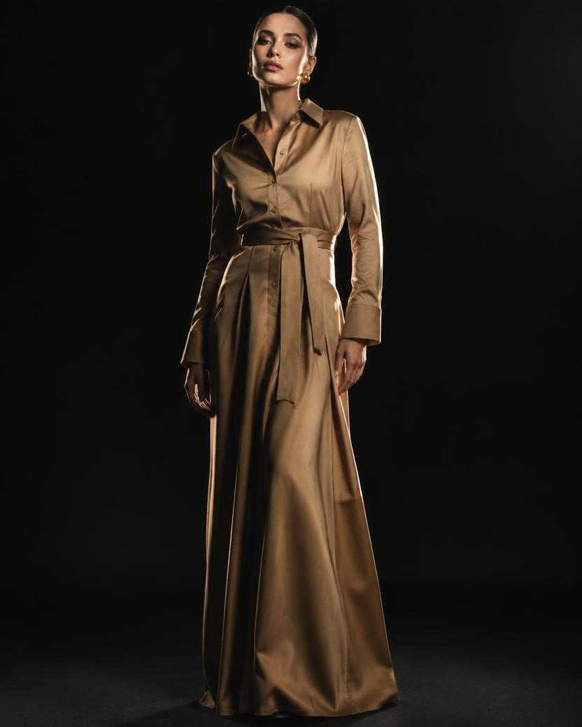 Caramel Silk Shirt Maxi Dress in Caramel