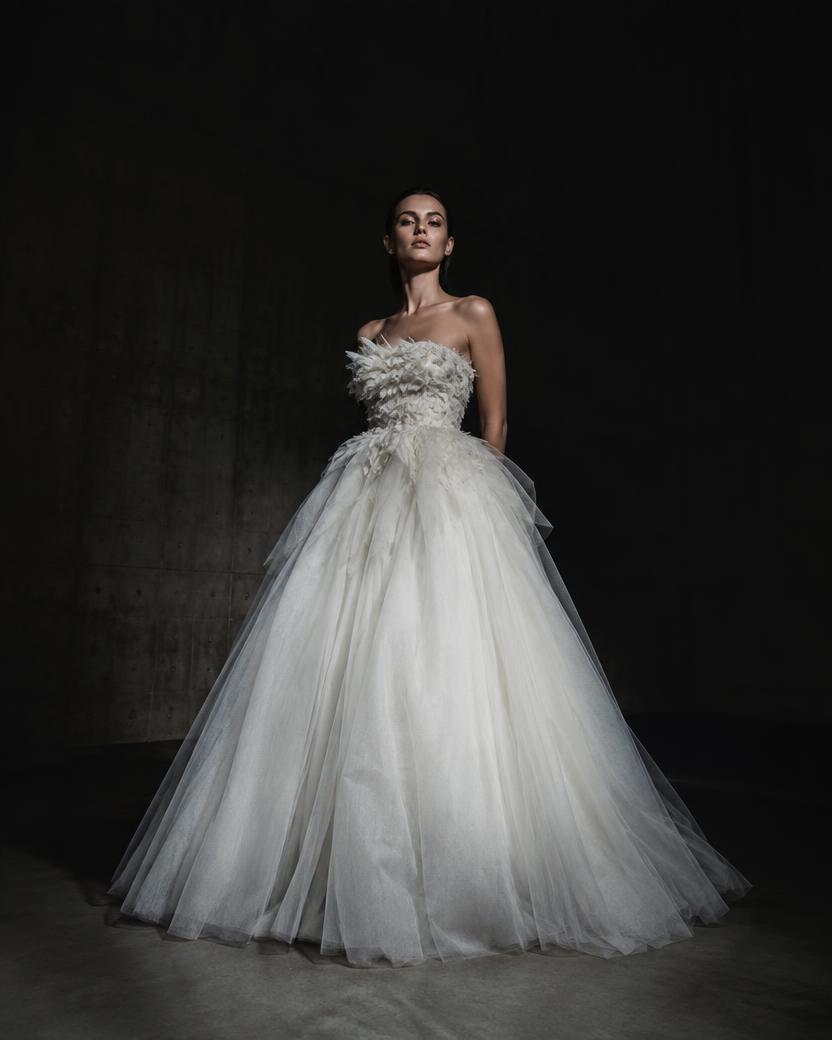 Feather Bodice Tulle Ball Gown in White