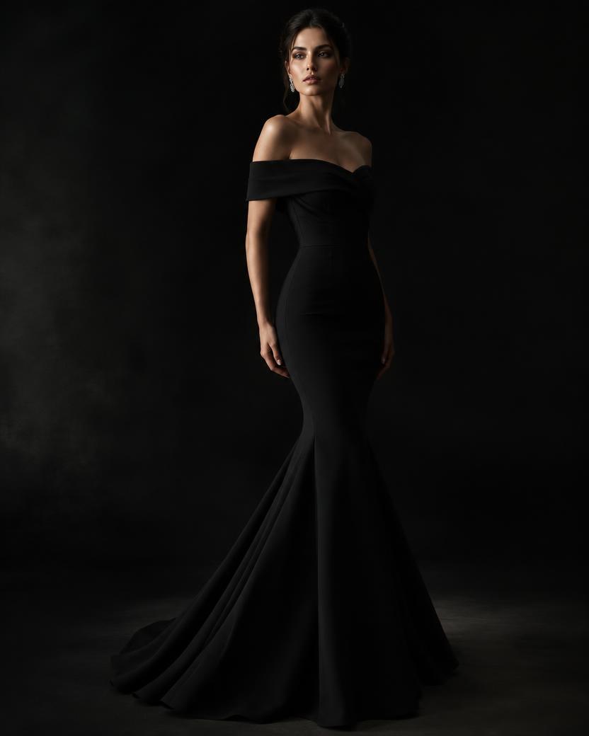 Off Shoulder Crepe Trumpet Gown in Black