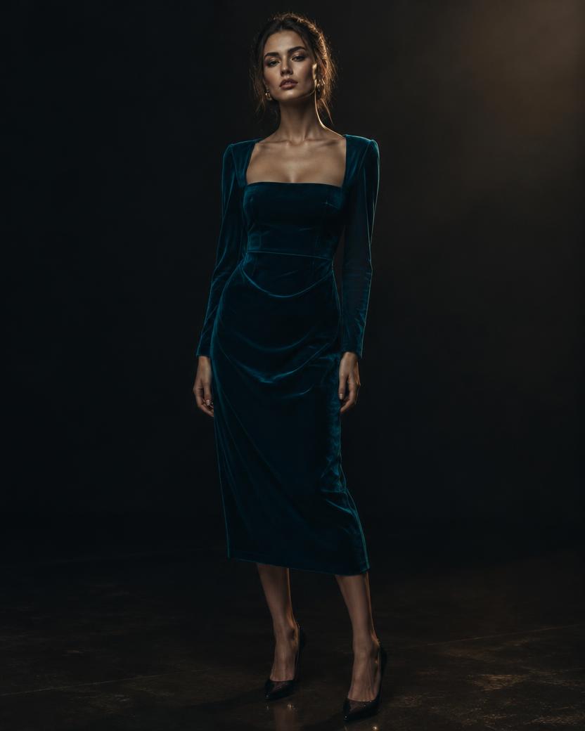 Teal Velvet Square Neck Midi in Teal
